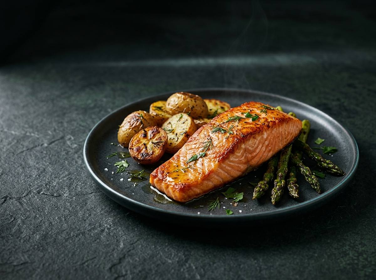 Pavé de saumon grillé, pommes de terre rôties et asperges sur une assiette sombre, table en pierre